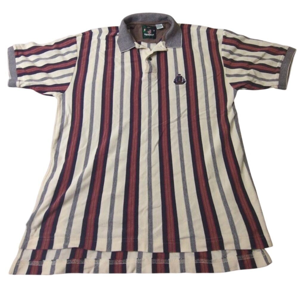 IZOD Vintage Mens Striped Red Blue Green Grey Cream Sz M Polo 100% Cotton 1990s